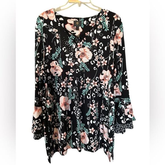 JM Collection Black Floral Ruffle Sleeve BlouseTunic XXL - Picture 1 of 9